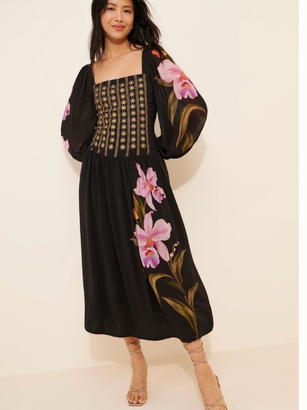 FARM Rio Black Midi Dress with Pink Floral Embroidery